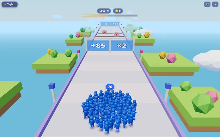 Crowd Rush gameplay: a big blue crowd of runners heading for +85 and x2 gates on a floating track