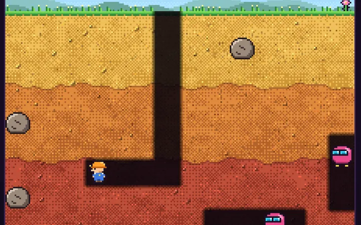 Tunnel Pop gameplay: a little digger in an underground tunnel with pink monsters and rocks
